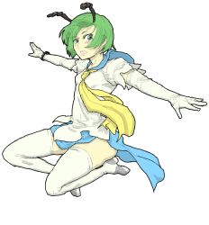 Rule 34 | 1girl, antennae, blue sailor collar, blue skirt, boots, cave (developer), cosplay, female focus, gloves, green hair, highres, mushihime-sama, parody, pun, reco, reco (cosplay), reko (cosplay), s610910, sa (s610910), sailor collar, sketch, skirt, solo, thigh boots, thighhighs, touhou, wriggle nightbug