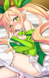 Rule 34 | 1girl, bad id, bad pixiv id, bare shoulders, bed, bed sheet, blonde hair, blush, boots, bow, bow panties, breasts squeezed together, breasts, cleavage, constricted pupils, covering privates, elf, green eyes, hair ribbon, long hair, looking at viewer, lying, ogami kazuki, on side, panties, panties around leg, panty pull, pink panties, pointy ears, ribbon, sennen sensou aigis, small breasts, solo, spica (sennen sensou aigis), sweat, twintails, underwear, wavy mouth
