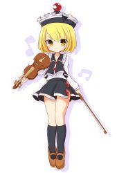 Rule 34 | 1girl, black socks, blonde hair, blush, brown footwear, closed mouth, crescent, eighth note, full body, hat, highres, holding, holding instrument, holding violin, inon, instrument, kneehighs, long sleeves, looking at viewer, lunasa prismriver, mary janes, musical note, pleated skirt, shoes, short hair, side slit, skirt, skirt set, smile, socks, solo, standing, touhou, violin, yellow eyes
