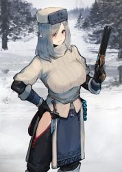 Rule 34 | 1girl, black gloves, black legwear, breasts, dagger, day, elbow gloves, gloves, grey hair, gun, hand on own hip, hat, hayabusa (vert 320), highres, holding, holding gun, holding weapon, knife, large breasts, medium hair, original, outdoors, ribbed sweater, solo, standing, sweater, weapon, winter