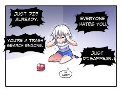 Rule 34 | 1girl, bing, comic, corner, covering own ears, crying, english text, closed eyes, facing viewer, gift, highres, hinghoi, kneeling, open mouth, scared, shaded face, short hair, solo, sweat, trembling, white hair