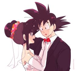Rule 34 | 1boy, 1girl, :o, artist name, bare shoulders, black eyes, black hair, bridal veil, chi-chi (dragon ball), couple, dragon ball, dragonball z, dress, elbow gloves, flower, formal, gloves, happy, hetero, long sleeves, looking at another, miiko (drops7), necktie, open mouth, shirt, short hair, simple background, sleeveless, smile, son goku, spiked hair, suit, twitter username, veil, wedding dress, white background, white shirt