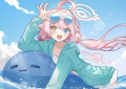Rule 34 | 1girl, ahoge, aqua jacket, bikini, blue archive, blue eyes, blush, collarbone, day, fang, hair between eyes, halo, hetero, highres, hoshino (blue archive), hoshino (swimsuit) (blue archive), inflatable toy, inflatable whale, jacket, long hair, long sleeves, low twintails, luna (luna610), open clothes, open jacket, open mouth, pink hair, pink halo, skin fang, smile, solo, swimsuit, twintails, twitter username, water, white bikini, yellow eyes