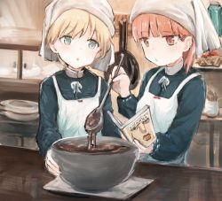 Rule 34 | 2girls, alternate costume, apron, bad id, bad twitter id, bakery, blonde hair, book, brown eyes, brown hair, chocolate, cleazul, commentary, funny valentine, head scarf, holding, holding book, jojo no kimyou na bouken, kantai collection, kitchen, mixing bowl, multiple girls, parody, shop, short hair, grey eyes, spatula, valentine, z1 leberecht maass (kancolle), z3 max schultz (kancolle)