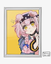 Rule 34 | 1girl, animal ears, arknights, blue ribbon, cat ears, cat girl, collar, commentary request, goldenglow (arknights), hair ribbon, headband, highres, pink hair, ribbon, short hair, signature, touno (akarino), yellow eyes