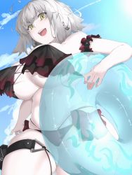 Rule 34 | 1girl, :d, ahoge, armband, bikini, bow, breasts, cloud, earrings, fate/grand order, fate (series), frills, from below, highres, huge breasts, innertube, jeanne d&#039;arc alter (fate), jeanne d&#039;arc alter (swimsuit berserker) (fate), jewelry, looking at viewer, looking down, navel, open mouth, pale skin, ri o ne su, skindentation, sky, smile, solo, swim ring, swimsuit, thigh strap, underboob, white hair, yellow eyes