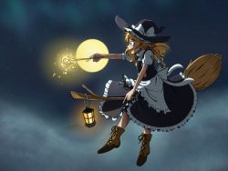 Rule 34 | 1girl, apron, black dress, blonde hair, boots, bow, braid, broom, broom riding, brown footwear, buttons, cloud, commentary, dress, flying, frilled dress, frills, from side, full body, full moon, giantcavemushroom, glowing, hair bow, hat, hat bow, highres, kirisame marisa, lantern, light particles, magic, moon, mountainous horizon, multicolored clothes, multicolored dress, night, night sky, open mouth, pointing, sky, smile, solo, star (sky), touhou, twitter username, wand, white apron, white bow, white dress, witch hat, yellow eyes