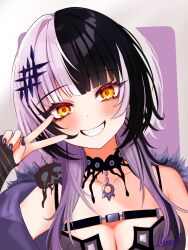 1girl akamiya_mumu black_hair breasts cleavage fangs grey_hair hair_ornament hand_up highres hololive hololive_english large_breasts long_hair looking_at_viewer multicolored_hair shiori_novella slime_(creature) solo split-color_hair teeth two-tone_hair v virtual_youtuber yellow_eyes yorick_(shiori_novella)