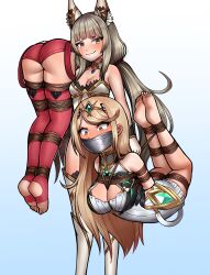 3girls :3 animal_ears ass barefoot bdsm between_breasts blonde_hair blue_background blush bondage boots bound breasts brown_eyes brown_hair carrying carrying_person cat_ears cat_girl cleavage cleavage_cutout closed_mouth clothing_cutout commentary commission core_crystal_(xenoblade) dress english_commentary gag gloves highleg highleg_leotard highres improvised_gag kneepits large_breasts leotard long_hair multiple_girls mythra_(xenoblade) negi_(liquidu) nia_(blade)_(xenoblade) nia_(xenoblade) pyra_(xenoblade) red_shorts red_thighhighs restrained second-party_source shibari short_shorts shorts small_breasts smile smug soles stirrup_legwear strapless strapless_leotard tape tape_gag thigh_boots thighhighs tied_up_(nonsexual) toeless_legwear toes two-tone_background v-shaped_eyebrows very_long_hair white_background white_dress white_footwear white_gloves white_leotard xenoblade_chronicles_(series) xenoblade_chronicles_2 yellow_eyes