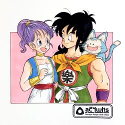 Rule 34 | 1girl, 2boys, a24wks, artist logo, artist name, black eyes, black hair, blue eyes, breasts, bulma, cleavage, collarbone, commentary, dragon ball, dragon ball (classic), english commentary, highres, jewelry, marker (medium), medium breasts, multiple boys, muscular, muscular male, neck ring, neckerchief, official style, open mouth, orange neckerchief, pants, ponytail, puar, purple hair, smile, strapless, toriyama akira (style), traditional media, tube top, watermark, white pants, white tube top, yamcha