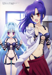 Rule 34 | 10s, 2girls, absurdres, angry, arm strap, armlet, blue hair, blush, breasts, bustier, cleavage, cube x cursed x curious, fear kubrick, garter belt, hair intakes, highres, long hair, looking at viewer, medium breasts, megami magazine, multiple girls, navel, noda megumi (artist), official art, open mouth, panties, pink eyes, ponytail, red eyes, school uniform, skirt, small breasts, standing, thighhighs, ueno kirika, underwear, undressing, very long hair, white legwear, window, wristband
