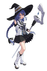 Rule 34 | 1girl, absurdres, blue eyes, blue hair, boots, braid, dress, full body, hair between eyes, hat, highres, kaqkaq, long hair, looking at viewer, low twintails, mushoku tensei, open mouth, roxy migurdia, simple background, skirt, solo, staff, twin braids, twintails, very long hair, white background, witch hat