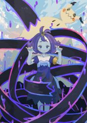 Rule 34 | 1girl, absurdres, acerola (pokemon), armlet, closed mouth, cloud, collarbone, commentary request, creatures (company), day, dress, flipped hair, game freak, gen 7 pokemon, hair ornament, hairclip, hands up, highres, looking at viewer, mashiro ka, medium hair, mimikyu, multicolored clothes, multicolored dress, nintendo, outdoors, pokemon, pokemon (creature), pokemon sm, purple hair, short sleeves, sky, smile, stitches, topknot, torn clothes, torn dress