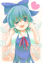 Rule 34 | circled 9, 1girl, bad id, bad pixiv id, blue eyes, blue hair, cirno, dress, female focus, heart, mamepon, matching hair/eyes, ribbon, short hair, solo, embodiment of scarlet devil, touhou, white background, wings