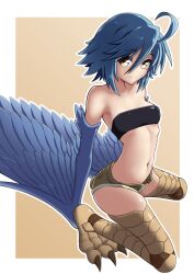 Rule 34 | 1girl, absurdres, ahoge, bare shoulders, bird legs, black tube top, blue feathers, blue hair, blue wings, blush, breasts, commentary, english commentary, feathered wings, feathers, hair between eyes, harpy, highres, looking at viewer, midriff, monster girl, monster musume no iru nichijou, navel, open fly, papi (monster musume), puroppa, scales, short hair, shorts, small breasts, smile, solo, strapless, talons, tube top, two-tone background, winged arms, wings, yellow eyes