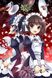 Rule 34 | apron, blue eyes, blue hair, blush, bow, braid, brown hair, cookie, cup, dagger, dress, duster, feather duster, food, frills, grin, holding, juliet sleeves, knife, layered dress, long sleeves, lowres, maid, maid apron, maid headdress, mauve, new maid, open mouth, plant, plate, puffy sleeves, purple eyes, ribbon, short hair, smile, spill, sword girls, weapon