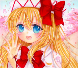 Rule 34 | 1girl, :d, blonde hair, blue eyes, blush, bow, cherry blossoms, fairy wings, hand up, hat, highres, lily white, long hair, looking at viewer, marker (medium), moon, open mouth, petals, red bow, shikishi, sky, smile, solo, spring (season), touhou, traditional media, wings, yuuki hana (jtnp5334)
