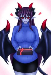 Rule 34 | 1girl, black sclera, blue skin, blush, box, breasts, colored sclera, colored skin, demon (monster girl encyclopedia), demon girl, demon horns, demon tail, demon wings, gift, gift box, hair between eyes, highres, holding, holding gift, horns, large breasts, long hair, looking at viewer, monster girl, monster girl encyclopedia, pointy ears, presenting, purple hair, red eyes, ribbed sweater, smile, solo, sweater, tail, turtleneck, turtleneck sweater, ume yukari, valentine, wings