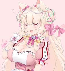 Rule 34 | 1girl, absurdres, ainya (vtuber), animal ears, blonde hair, breasts, cat ears, cat girl, cleavage, commentary, cross-laced clothes, dated, english commentary, fang, highres, indie virtual youtuber, large breasts, long hair, natch imaycz, one eye closed, open mouth, pink background, short sleeves, signature, simple background, solo, upper body, virtual youtuber, yawning