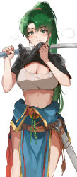Rule 34 | 1girl, absurdres, blush, breasts, cleavage, clothes lift, earrings, fire emblem, fire emblem: the blazing blade, green eyes, green hair, hair between eyes, highres, jewelry, katana, large breasts, long hair, lyn (fire emblem), nintendo, ormille, pelvic curtain, ponytail, scabbard, sheath, shirt lift, solo, sword, thighs, weapon, white background, wiping face