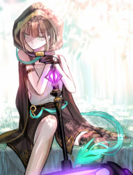 Rule 34 | 1boy, black gloves, brown hood, brown thighhighs, closed mouth, gloves, green eyes, gretel (sinoalice), hair between eyes, hammer, highres, holding, holding hammer, holding weapon, looking to the side, short hair, single thighhigh, sinoalice, sitting, sleeveless, thighhighs, towada-san (thank39), trap, weapon