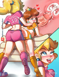 Rule 34 | 2girls, ass, bike shorts, blonde hair, blue eyes, blush, brown hair, clothed sex, cum, cum in pussy, doggystyle, ejaculation, futa with female, futanari, hanshyn, heart, heart-shaped pupils, highres, huge penis, long hair, mario (series), medium hair, multiple girls, nintendo, open mouth, penis, princess daisy, princess peach, sex, sex from behind, shorts, super mario strikers, symbol-shaped pupils, tongue, tongue out, veins, veiny penis, x-ray