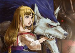 Rule 34 | 1girl, arc the lad, arc the lad ii, bare shoulders, blonde hair, cojibou, dress, female focus, lieza (arc the lad), long hair, lowres, red eyes, solo, wolf, yellow eyes