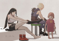 Rule 34 | 1boy, 2girls, armor, bare arms, bare shoulders, barefoot, bike shorts under skirt, black hair, black skirt, black thighhighs, blonde hair, boots, breasts, brown eyes, brown hair, cloud strife, crop top, dress, dressing, feet, final fantasy, final fantasy vii, final fantasy vii remake, full body, gloves, holding, large breasts, long hair, looking at another, marlene wallace, midriff peek, multiple girls, navel, open mouth, pink dress, red eyes, shillo, short hair, shoulder armor, single bare shoulder, sitting, skirt, sleeveless, sleeveless turtleneck, socks, spiked hair, sweater, tank top, thighhighs, tifa lockhart, turtleneck, turtleneck sweater, undershirt, white tank top
