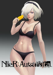 Rule 34 | 1girl, absurdres, bare shoulders, bikini, black bikini, black bra, black hairband, black panties, blue eyes, bra, collarbone, facing viewer, food, hair over eyes, hair over one eye, hairband, highres, hip focus, holding, holding food, looking to the side, mole, mole under mouth, mzz77520, navel, nier (series), nier:automata, no blindfold, one eye covered, panties, pink lips, popsicle, short hair, silver hair, solo, standing, stomach, swimsuit, thighs, underwear, 2b (nier:automata)