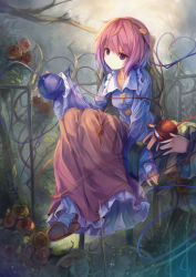Rule 34 | 2girls, armchair, bird, blouse, blue shirt, branch, chair, collarbone, expressionless, eyeball, fal maro, fence, flower, frilled shirt collar, frills, hairband, heart, heart of string, highres, ironwork, komeiji koishi, komeiji satori, long sleeves, looking at viewer, multiple girls, out of frame, pink flower, pink hair, pink rose, plant, purple eyes, red flower, red rose, rose, shirt, shoe dangle, short hair, sitting, skirt, sleeves past wrists, slippers, solo focus, third eye, touhou, wide sleeves, wing collar, yellow flower, yellow rose