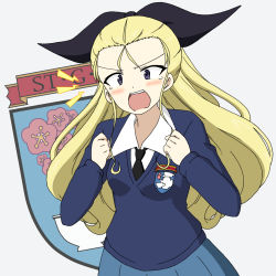Rule 34 | 1girl, angry, assam (girls und panzer), black necktie, black ribbon, blonde hair, blue eyes, blue skirt, blue sweater, blush, clenched hands, commentary request, dress shirt, emblem, frown, girls und panzer, hair pulled back, hair ribbon, ichinose jun, lightning bolt symbol, long hair, long sleeves, looking at viewer, necktie, open mouth, partial commentary, pleated skirt, ribbon, school uniform, shirt, skirt, solo, st. gloriana&#039;s (emblem), st. gloriana&#039;s school uniform, standing, sweater, tearing up, upper body, v-neck, white shirt, wing collar
