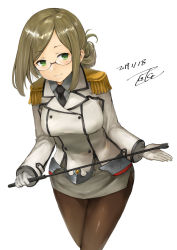 Rule 34 | 1girl, blush, breasts, brown hair, closed mouth, epaulettes, folded ponytail, glasses, gloves, green eyes, hair bun, jacket, kantai collection, katori (kancolle), large breasts, long hair, looking at viewer, military, military uniform, miniskirt, necktie, pantyhose, pointer, shirt, simple background, single hair bun, skirt, smile, solo, toka (marchlizard), uniform, white background, white gloves