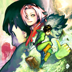 Rule 34 | 1girl, 2boys, bandaged arm, bandages, bent over, black eyes, black hair, bodysuit, chad walker, cloud, eyebrows, forehead protector, green eyes, hairband, haruno sakura, headband, leg warmers, long sleeves, looking at another, looking away, looking to the side, might guy, multiple boys, multiple views, naruto, naruto (series), parted bangs, pink hair, rock lee, shoes, smile, standing, sweat, thumbs up, tree, water