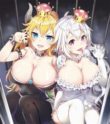 Rule 34 | 2girls, bare shoulders, birdcage, black dress, black legwear, black nails, blonde hair, blue eyes, bowsette, bracelet, breasts, brooch, cage, choker, claw pose, cleavage, collar, collarbone, commentary request, covered erect nipples, covered navel, dark, dress, earrings, fingernails, frilled choker, frilled dress, frills, garter straps, gloves, gradient eyes, hair between eyes, hand up, horns, jewelry, large breasts, long hair, looking afar, looking at viewer, luigi&#039;s mansion, mario (series), microdress, multicolored eyes, multiple girls, nail polish, new super mario bros. u deluxe, nintendo, open mouth, pantyhose, pendant, pointy ears, ponytail, princess king boo, puffy short sleeves, puffy sleeves, purple eyes, sharp fingernails, shiny skin, short sleeves, sidelocks, sitting, smile, spiked bracelet, spiked collar, spiked shell, spikes, strapless, strapless dress, super crown, thighhighs, thighs, tongue, tongue out, white choker, white dress, white gloves, white hair, white legwear, yusan
