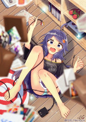 Rule 34 | 1girl, ahoge, aqua panties, arcade stick, bare legs, barefoot, between toes, black bra, blue eyes, blurry, blurry foreground, blush, bra, breasts, cable, controller, feet, from above, full body, game console, game controller, hair ornament, hands up, highres, holding, holding cable, inohara koboshi, instrument, joystick, legs, long hair, lying, maracas, medium breasts, milkmochi, off-shoulder shirt, off shoulder, on back, ongeki, panties, pantyshot, pleated skirt, purple hair, purple skirt, rca connector, sega dreamcast, shelf, shirt, signature, skirt, solo, sparkle, swept bangs, thighs, toes, twitter username, underwear, wooden floor