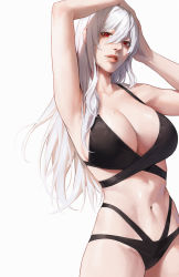 Rule 34 | 1girl, arm up, armpits, bare shoulders, bikini, black bikini, breasts, cocoro moto, feet out of frame, hair between eyes, hand up, hands on own head, highres, long hair, mole, mole on breast, mole under eye, navel, nier (series), open mouth, parted lips, red eyes, sidelocks, simple background, solo, stomach, swimsuit, teeth, upper teeth only, white background, white hair, a2 (nier:automata)