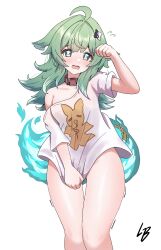 Rule 34 | 1girl, absurdres, ahoge, animal ears, arm up, blush, bottomless, choker, commentary, covering crotch, covering privates, fiery tail, flying sweatdrops, fox ears, fox girl, green eyes, green hair, highres, holding, honkai: star rail, honkai (series), huohuo (honkai: star rail), long hair, loob, looking at viewer, naked shirt, open mouth, paw-shaped pupils, shirt, shirt tug, short sleeves, signature, simple background, single bare shoulder, solo, symbol-shaped pupils, tail, trembling, white background, white shirt, yin yang hair ornament