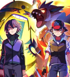Rule 34 | 2boys, absurdres, ash ketchum, closed mouth, commentary request, cowboy shot, creatures (company), electivire, fingerless gloves, fire, frown, game freak, gen 4 pokemon, gloves, green shirt, hat, highres, infernape, jacket, long sleeves, male focus, multiple boys, nintendo, pants, paul (pokemon), pokemon, pokemon (anime), pokemon (creature), pokemon dppt (anime), purple hair, purple jacket, red headwear, shirt, short hair, short sleeves, tuze111