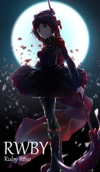 Rule 34 | 1girl, arm up, backlighting, black dress, black footwear, black hair, black pantyhose, boots, breasts, brown eyes, character name, circle skirt, closed mouth, copyright name, corset, cross, dress, full body, full moon, head tilt, highres, holding, holding weapon, knee boots, long sleeves, looking at viewer, medium breasts, moon, moonlight, night, night sky, pantyhose, ruby rose, rwby, sakusyo, scythe, serious, short hair, sky, solo, standing, two-handed, weapon