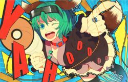 Rule 34 | 1girl, ;d, animal ears, aqua eyes, bad id, bad pixiv id, black thighhighs, earrings, female focus, goggles, goggles on head, green hair, hammer, holding, jewelry, kasodani kyouko, megaphone, ogino (oginogino), one eye closed, open mouth, ring, skirt, smile, solo, tail, thighhighs, touhou, wink