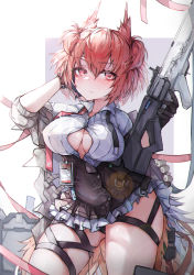 Rule 34 | 1girl, arknights, arm up, bird girl, bird tail, black gloves, black jacket, black panties, black skirt, blush, breasts, cleavage, closed mouth, collared shirt, contrapposto, cowboy shot, feather hair, fiammetta (arknights), frilled skirt, frills, gloves, gun, hand in own hair, high-waist skirt, highres, holding, holding gun, holding weapon, id card, jacket, large breasts, lens flare, long sleeves, no humans, off shoulder, open clothes, open jacket, open shirt, oreshki, panties, pantyshot, red eyes, red hair, shirt, short hair, skirt, solo, tail, thigh strap, two-tone background, underwear, weapon, white shirt