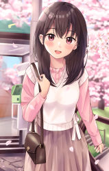 Rule 34 | 1girl, :d, bag, black hair, blurry, blurry background, blush, breasts, brown skirt, cherry blossoms, commentary request, depth of field, flower, hair between eyes, highres, long hair, long sleeves, looking at viewer, open mouth, original, outdoors, petals, phone booth, pink flower, pink shirt, pleated skirt, red eyes, shirt, shoulder bag, skirt, sleeves past wrists, small breasts, smile, solo, sweater vest, teeth, upper teeth only, yukimaru217
