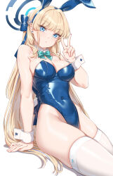 Rule 34 | 1girl, animal ears, aqua bow, aqua bowtie, bare arms, bare shoulders, blonde hair, blue archive, blue eyes, blue hairband, blue leotard, blush, bow, bowtie, breasts, cleavage, covered navel, detached collar, ear piercing, fake animal ears, fangxiang cuoluan, hair ornament, hairband, halo, hand up, highleg, highleg leotard, highres, large breasts, leotard, long hair, looking at viewer, piercing, playboy bunny, rabbit ears, simple background, sitting, solo, thighhighs, thighs, toki (blue archive), toki (bunny) (blue archive), v, white background, white thighhighs, wrist cuffs