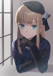 Rule 34 | 1girl, black gloves, blonde hair, blue eyes, blunt bangs, commentary request, fate (series), flower, gloves, hat, hat flower, highres, long hair, looking at viewer, lord el-melloi ii case files, makimura (miwmiw-cage), reines el-melloi archisorte, rose, smile, solo, tilted headwear, white flower, white rose