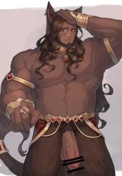 Rule 34 | 1boy, abs, animal ears, armlet, warrior of light (ff14), bar censor, bara, beard, blush, body fur, brown hair, cat boy, cat ears, cat tail, censored, cow ears, dark-skinned male, dark skin, earrings, facial hair, final fantasy, final fantasy xiv, flaccid, gold necklace, hand on own head, jewelry, large pectorals, long hair, looking at viewer, male focus, mature male, muscular, muscular male, navel, necklace, nipples, no male underwear, pectorals, penis, red eyes, roegadyn, solo, stomach, tail, topless male, uori, vambraces