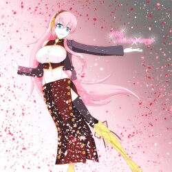 Rule 34 | 1girl, anniversary, black skirt, black thighhighs, blazer, blue eyes, boots, breasts, english text, full body, gradient background, grin, hair between eyes, headset, jacket, large breasts, long hair, long skirt, megurine luka, open clothes, open jacket, petals, pink hair, pink petals, shou haru sakura, side slit, skirt, smile, solo, sparkle, teeth, thighhighs, vocaloid, yellow footwear