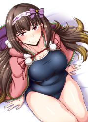 Rule 34 | 1girl, belly, blush, breasts, brown hair, curvy, fate/grand order, fate (series), gradient hair, hairband, highres, large breasts, long hair, looking at viewer, low twintails, multicolored hair, nokoppa, one-piece swimsuit, osakabehime (fate), plump, purple eyes, school swimsuit, sitting, smile, solo, swimsuit, swimsuit under clothes, twintails, very long hair