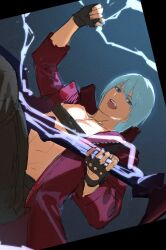 Rule 34 | 1boy, @ 43517, belt bra, bishounen, blue eyes, coat, dante (devil may cry), devil may cry, devil may cry (series), devil may cry 3, electric guitar, fingerless gloves, gloves, guitar, highres, instrument, jacket, long hair, looking at viewer, male focus, red coat, smile, solo, weapon, white hair