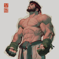 Rule 34 | 1boy, abs, absurdres, beard, black gloves, black hair, boxing gloves, dougi, facial hair, fingerless gloves, forked eyebrows, frown, gloves, head tilt, headband, highres, male focus, mature male, mma gloves, muscular, muscular male, navel, pants, pectorals, pouty lips, ryu (street fighter), short hair, sideburns, solo, stomach, street fighter, thick eyebrows, topless male, white pants, will murai