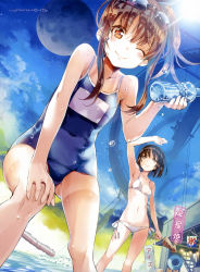 Rule 34 | 2girls, ;), absurdres, arm up, armpits, bare shoulders, bikini, blue sky, brown eyes, brown hair, day, from below, full moon, glint, goggles, goggles on head, hand on own knee, highres, ikayaki, leaning forward, looking at viewer, moon, multiple girls, one-piece swimsuit, one eye closed, original, scan, school swimsuit, short hair, side-tie bikini bottom, sidelocks, sky, smile, sparkle, streetcar, string bikini, swimsuit, tan, tanline, wading, water drop, wet, white bikini, wink, yuugen